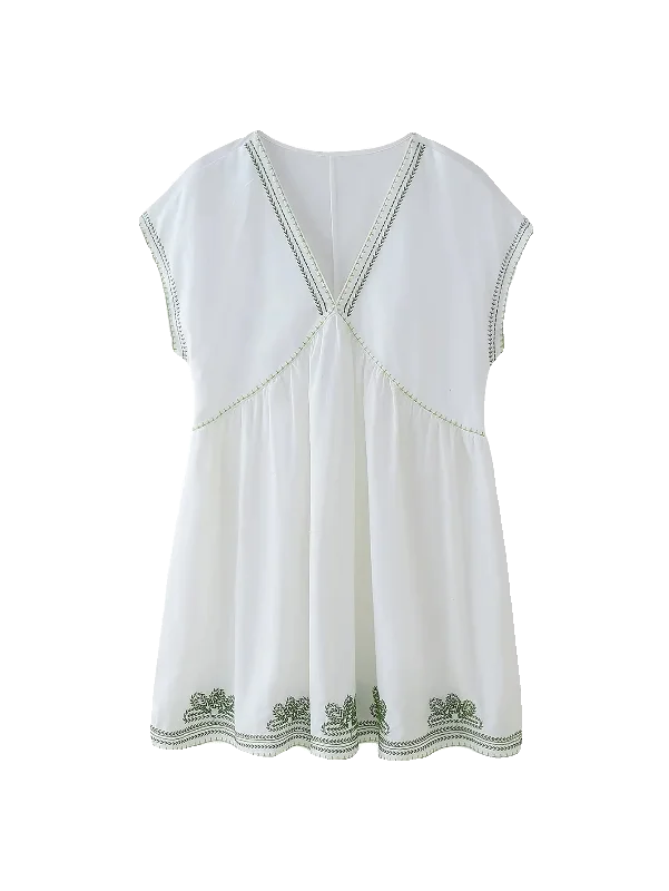 فستان نسائي جديد من JNLEAOG لفصل الخريف، قصير مع تطريز وياقة على شكل V، بألوان متباينة، بأسلوب الشارع، مصنوع من ألياف البوليس...