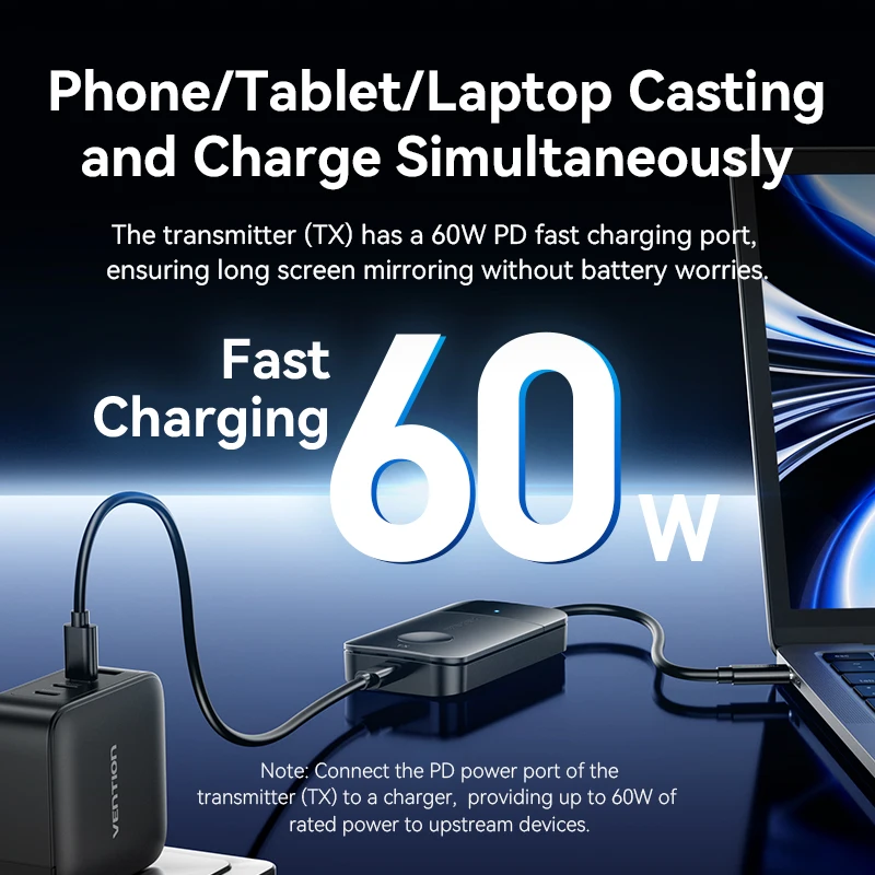 Vention 무선 USB-C-HDMI 송신기 수신기 어댑터(iPhone 16 15 50M 5GHz 4K PD 60W 유형 C 어댑터-TV 모니터용)