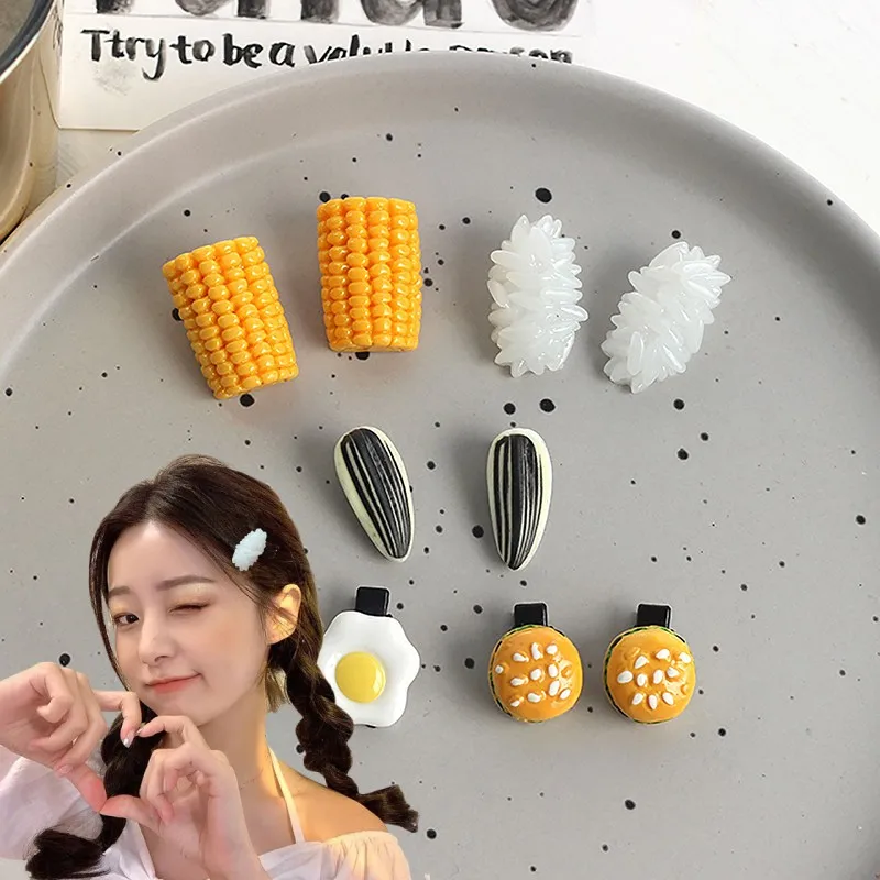 Simulation Food Hairpin Cute Seeds Corn Rice Burger Side Hair Clips Headdress Ornament Funny Hair Decoration Girls Kids Gift