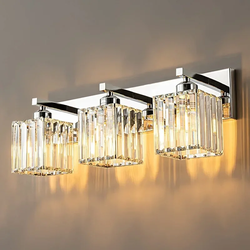 Bathroom Crystal Round Vanity Lights 3 Lamp Crystal Brass Bathroom Vanity Lighting Fixtures Gold Over with Mirror Switch Control