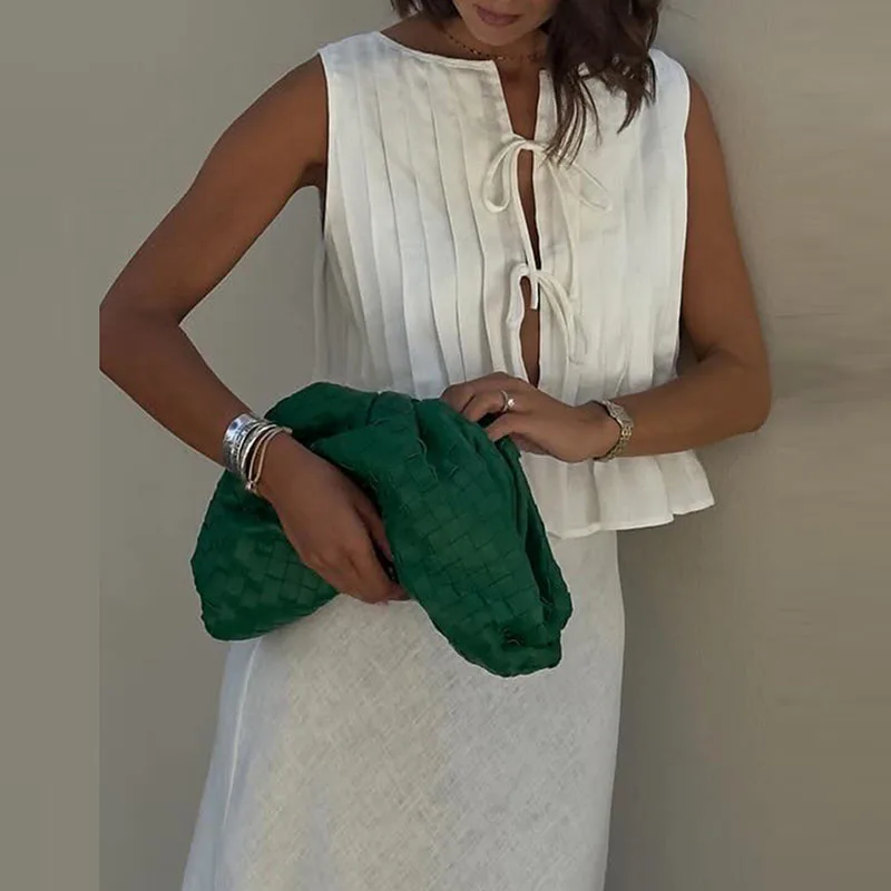 

Женский Повседневный костюм из хлопка и льна, однотонный комплект из топа на шнуровке с бантом и длинной юбки, летний уличный костюм без рукавов