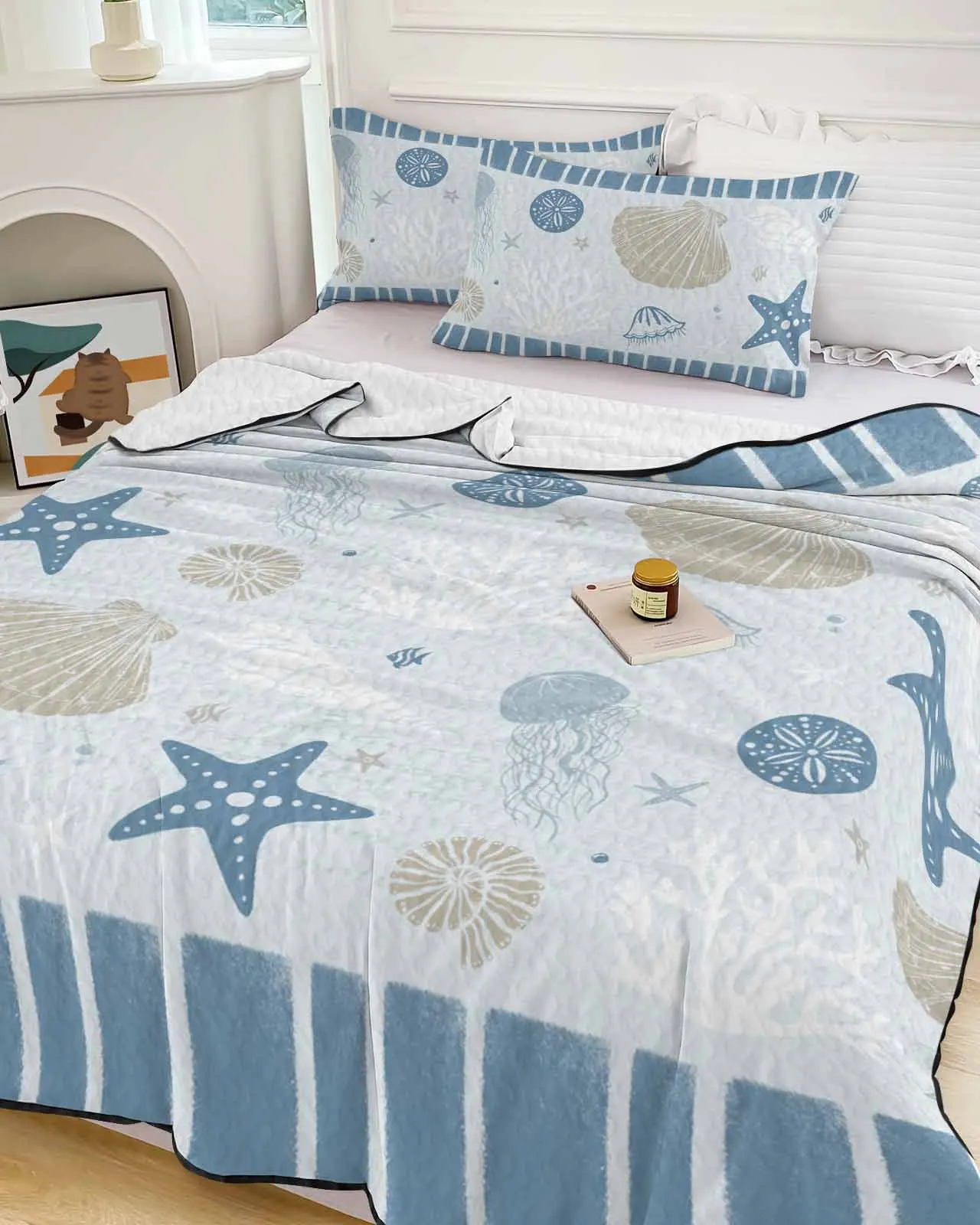 Ocean Striped Starfish Shell Jellyfish Coral Conch Blue Summer Cooling Quilt Air Condition Blanket Lightweight Thin Quilt