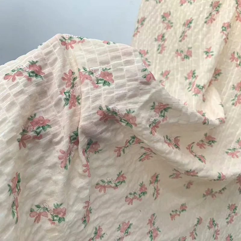 

Chiffon Bubble Check Fabric Wrinkle Textured Small Floral Design Soft Lightweight Designer Fabric for Women Dress Handmade DIY
