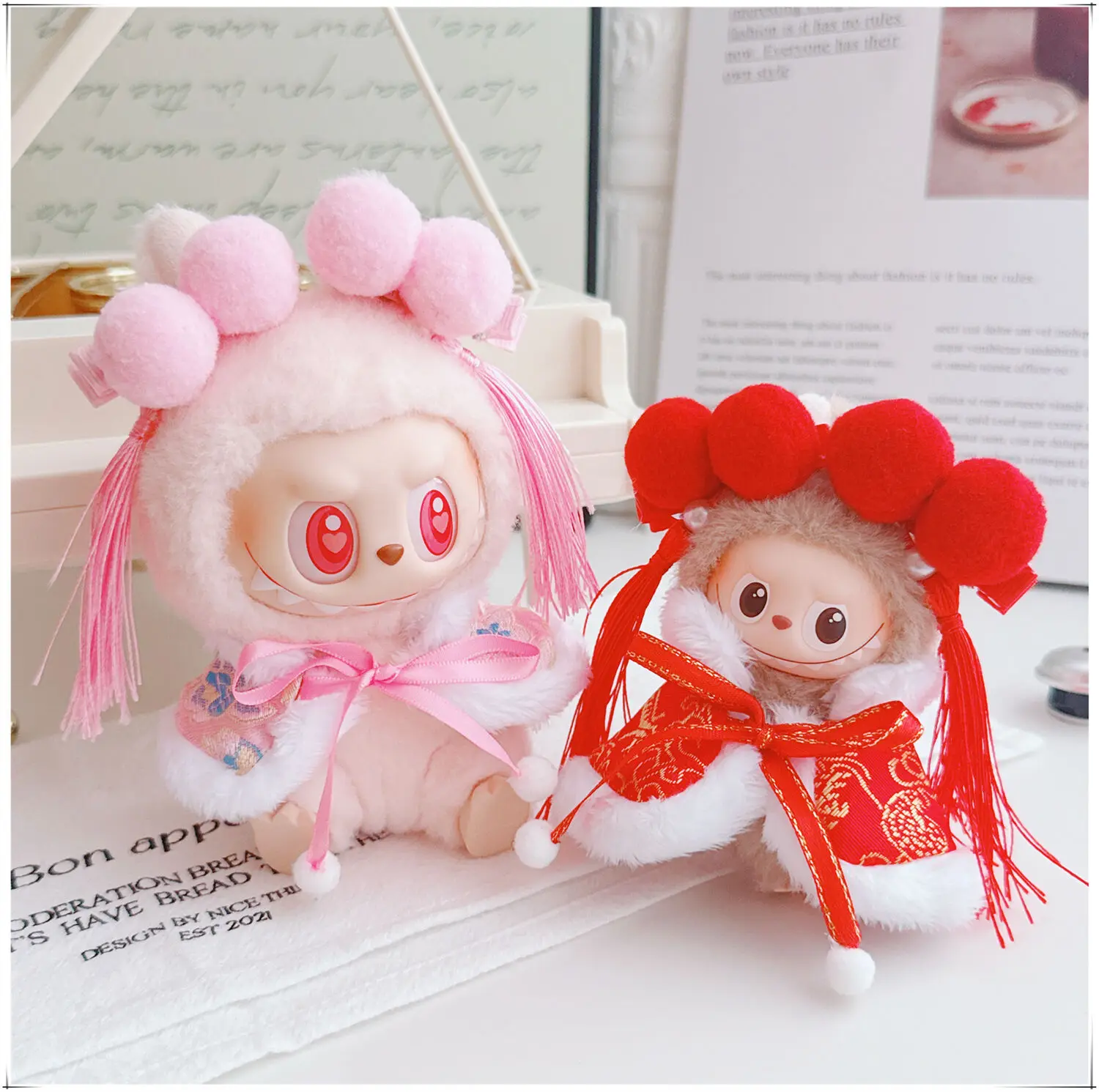 

1st-4th Gen Labubu Doll Clothes 3.0/4.0 Series Festive Set With Embroidered Brocade Shawl Cape & Double-Ball Hair Accessories