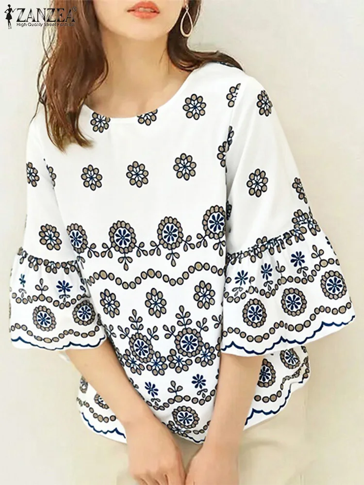 

Женские летние блузки с цветочным принтом 2025 ZANZEA, элегантная праздничная рубашка с расклешенными рукавами 3/4, повседневные блузки с круглым вырезом, богемные топы-туники