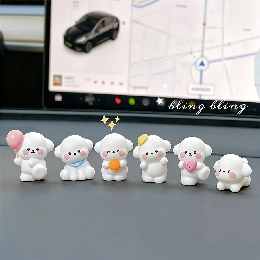 6pcs Cute Mini White Dog Figurines, Creative Micro-Landscape Decor, Small Ornaments for Car Dashboard, Computer Monitor & Desk