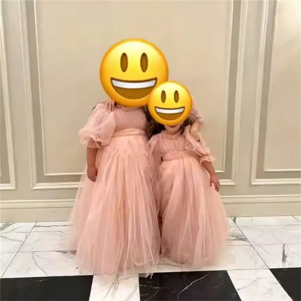 Vestido de novia de niña de flores de malla de manga corta con lazo hinchado princesa fiesta de cumpleaños vestido de celebración vestido de primera comunión personalizado