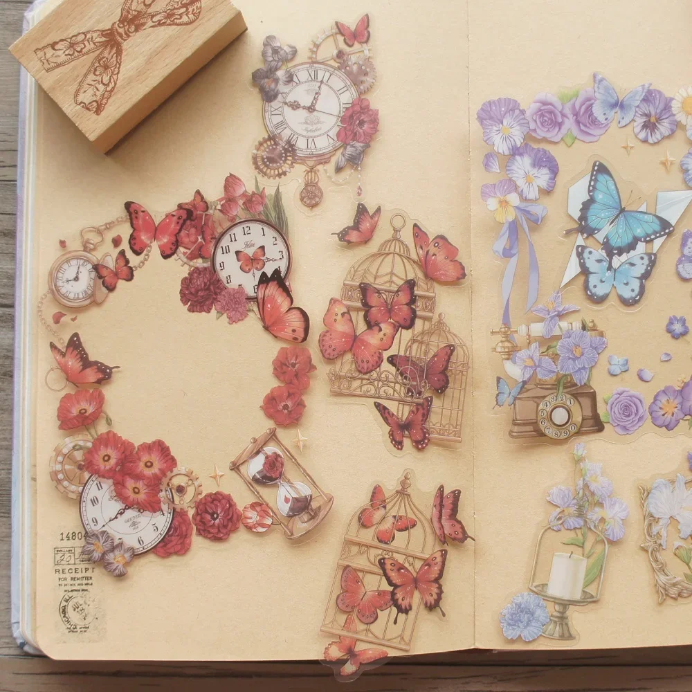 

15pcs Big Size Red Blue Pink Brown Butterfly and Flower Frame Style PVC Sticker Scrapbooking DIY Gift Decoration Tag