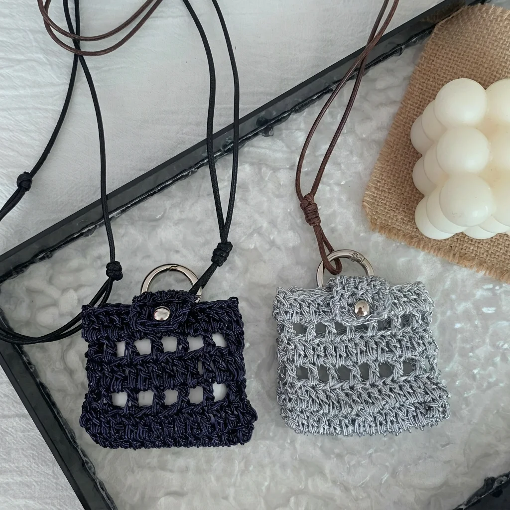 Handmade Crochet Mini Pouch Keychain Knitted Airpods Case Bag Charm with Button Closure for Earphone Storage