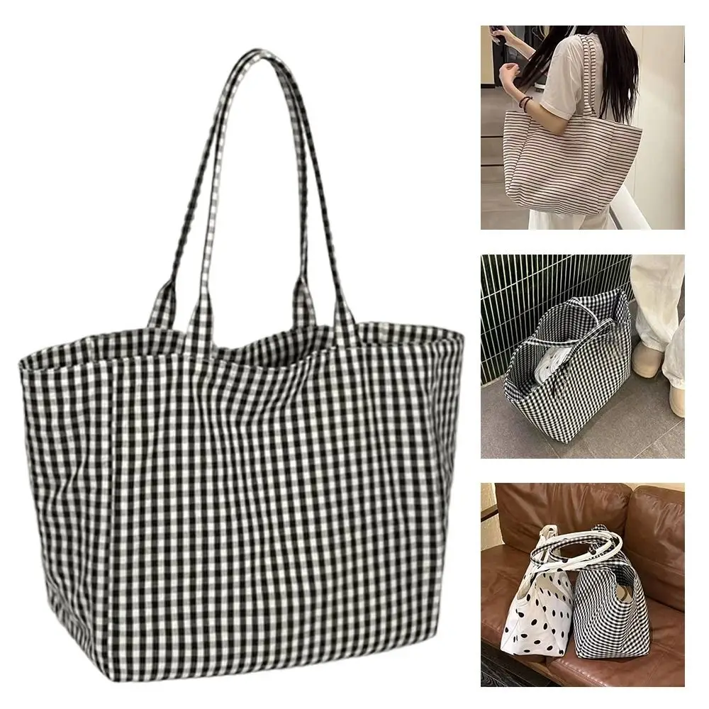 Polka Dot Print Canvas Tote Bag Check Print Canvas Material Large Capacity Tote Large Capacity Stripes Print Printed Canvas Bag