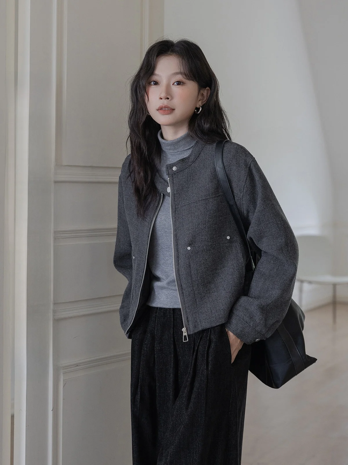 

ay Woolen Coat Women's Versatile Retro Jaet Autumn Winter New Sle Small ence Design Commute Korean Version Pure Color