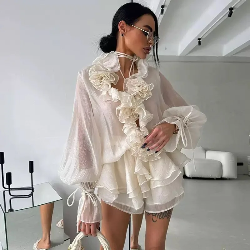 Elegant Ruffles Flare Sleeve Shirt Women's 2 Piece Set Shorts Suit Mesh Hollow Out Lace Up Top High Waist Short Pants Set Lady