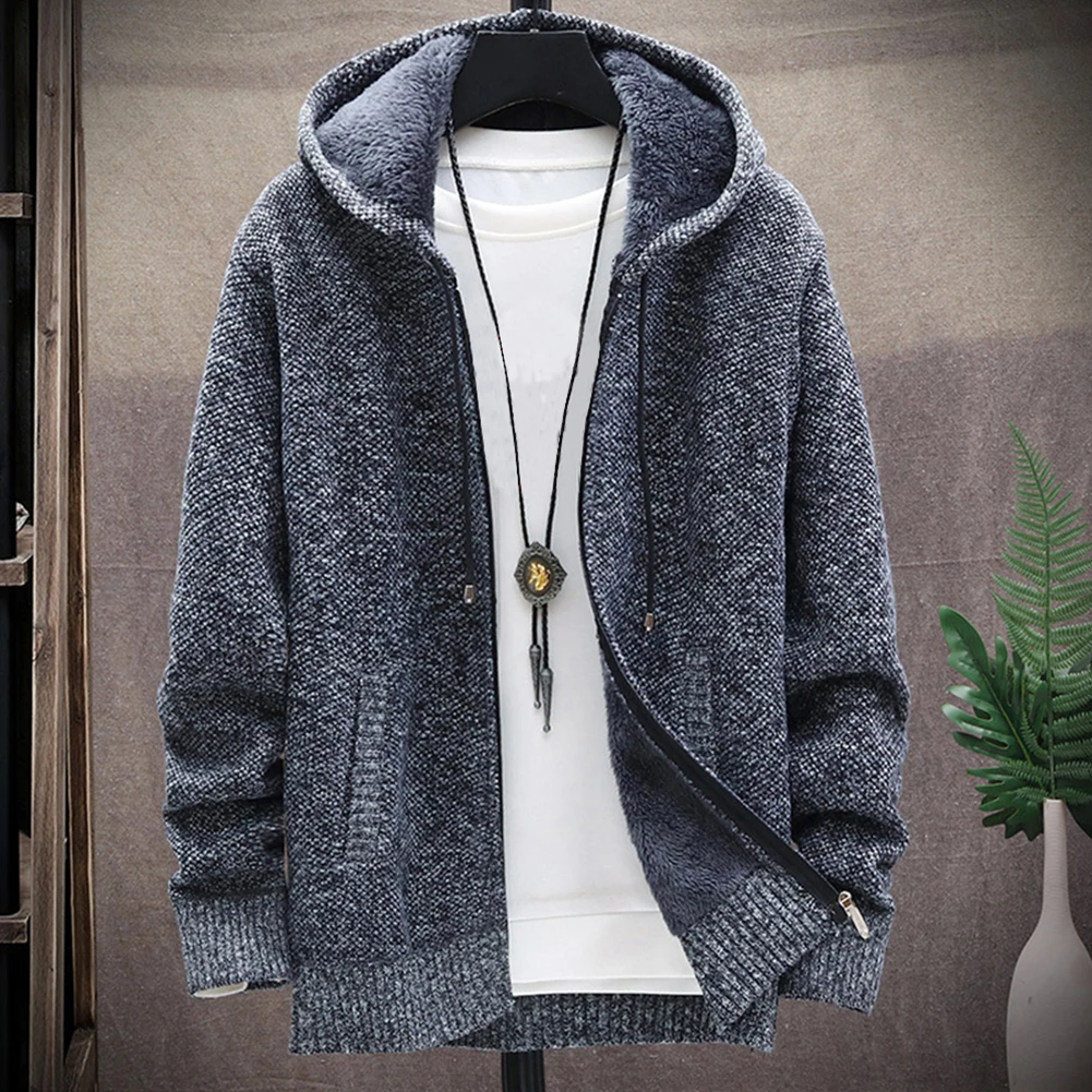 Uomo autunno inverno caldo maglione lavorato a maglia cardigan con cappuccio cappotto giacca felpa spessa foderata in pile manica lunga