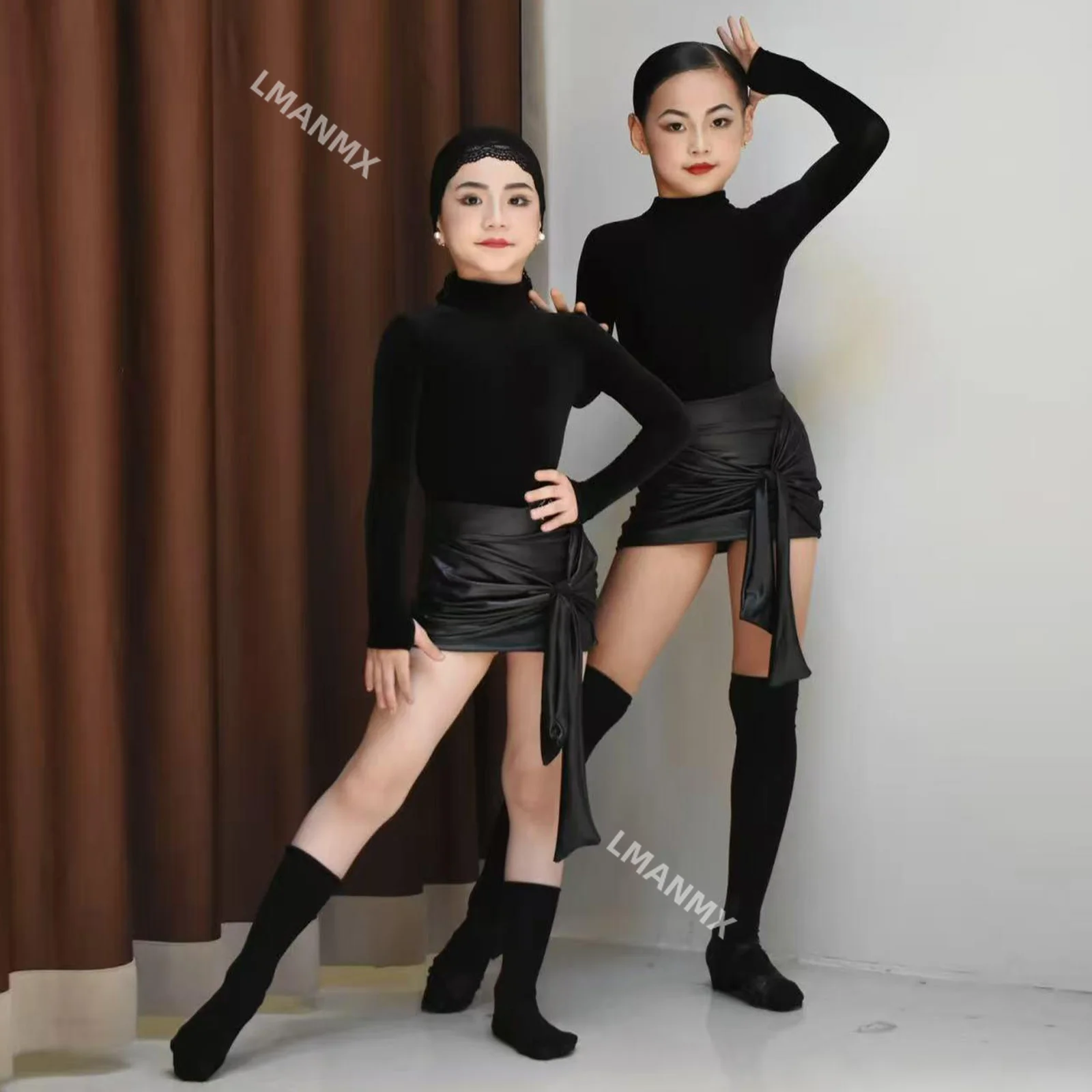 Nuevo traje de baile latino para niños exquisito conjunto de falda de cuero negro de manga larga
