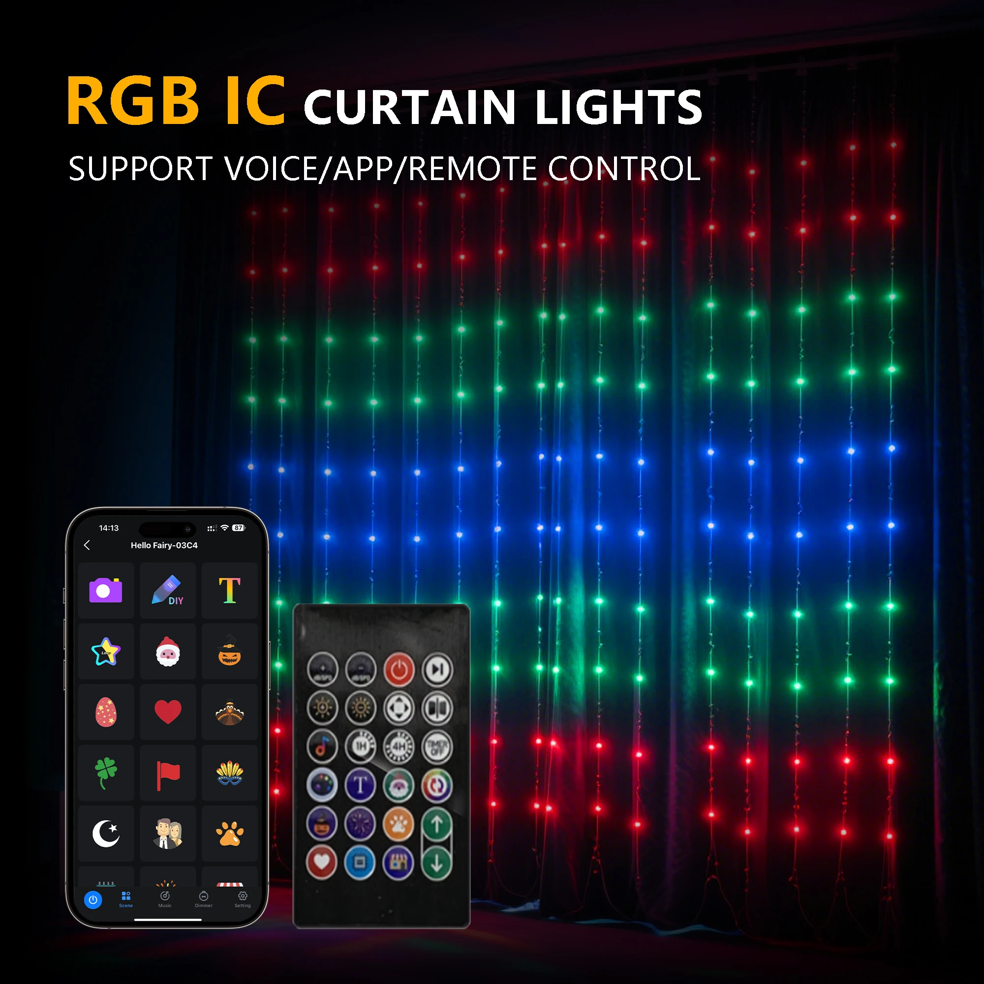 

2 * 2m USB powered DC5V APP/remote control intelligent RGB IC curtain light atmosphere DIY pattern lighting leather wire 400LED