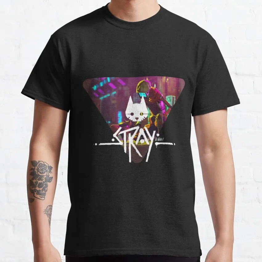 Stray Video Game Cat Graphic T‑Shirt 40503 O-Neck Short Sleeve Tees Cyberpunk Stray Cat Print Casual Streetwear Gamer Fans Tops