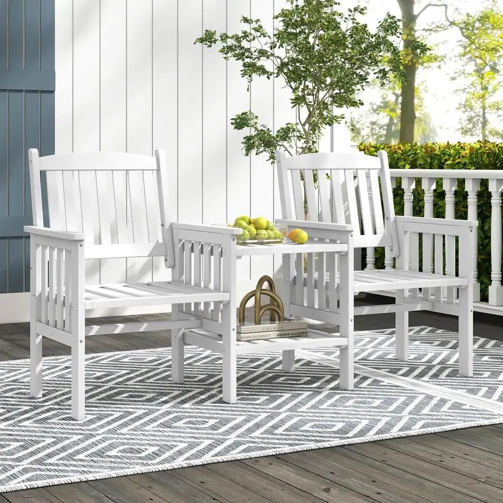 2-Person Patio Loveseat with 2-Tier Side Table, Umbrella Hole, and Slatted Seating