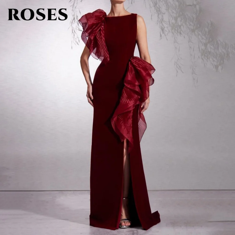 

ROSES Burgundy O-Neck Elegant Prom Dress with Pleats Stain Formal Gown Backless Tank Split Evening Dresses for Woman Customized