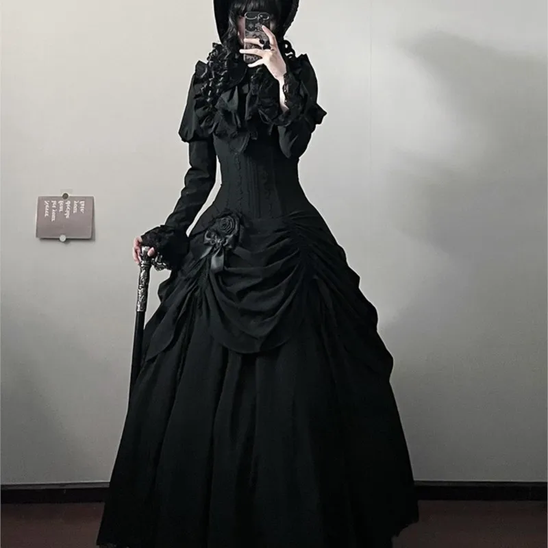 Dark Goth fishbone lace lift hem belted skirt shirt set dress