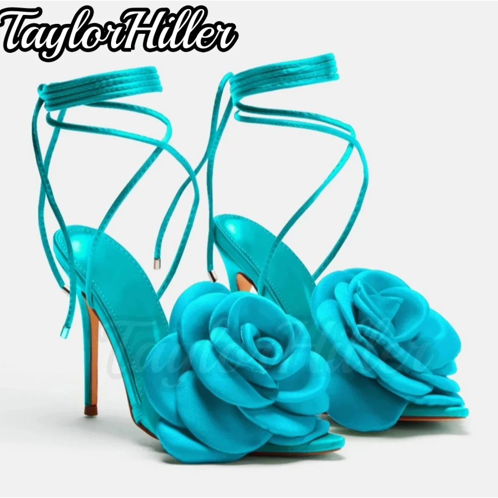 

Royal Blue Blossom Lace Up Heeled Sandals Pointy Toe Satin Summer Stiletto High Heels 2026 Women Designer Dress Dating New Shoes