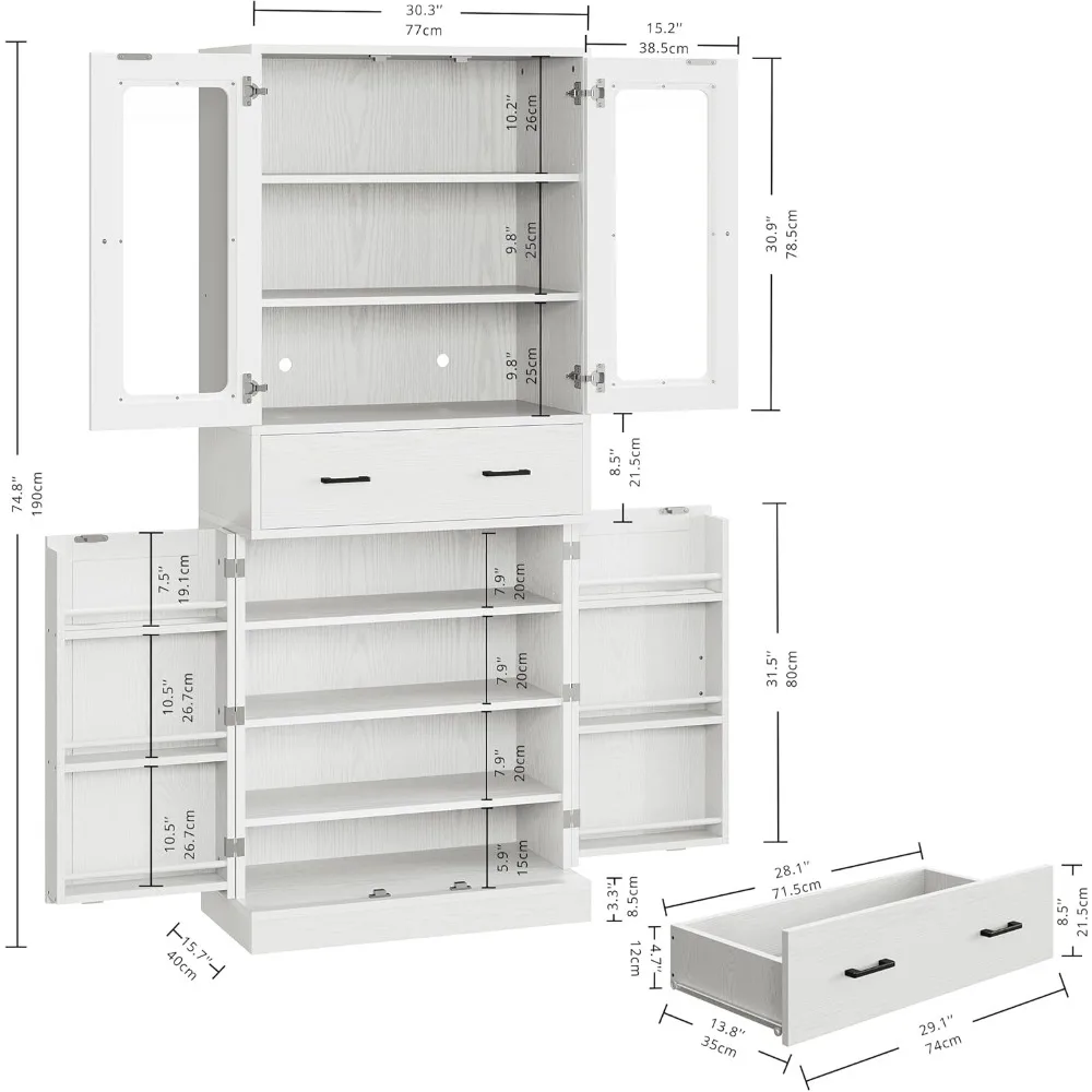 Kitchen Cabinets Storage Cabinets with LED Lights, Kitchen Cabinets with Acrylic Glass Doors, Drawers, and Adjustable Shelves