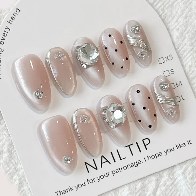 10pcs Handmade Wearable Press on Nail High-end Light Luxury Diamond Bridal Manicure French Cat Eye Fake Nail Removable