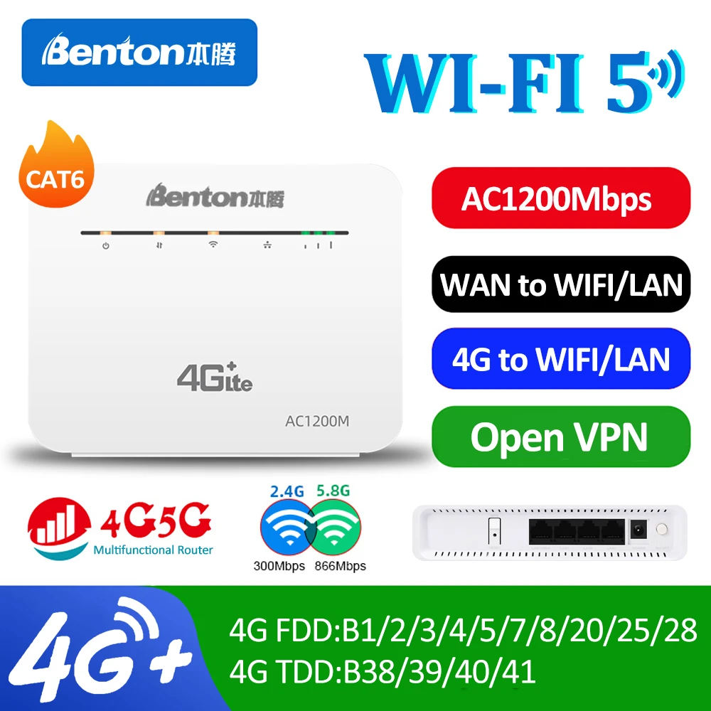 Benton-enrutador SIM 4G + 4G de doble banda desbloqueado con ranura para tarjeta SIM WiFi5 AC1200Mbps 4G + módem VPN Gigabit WAN LAN 4G LTE