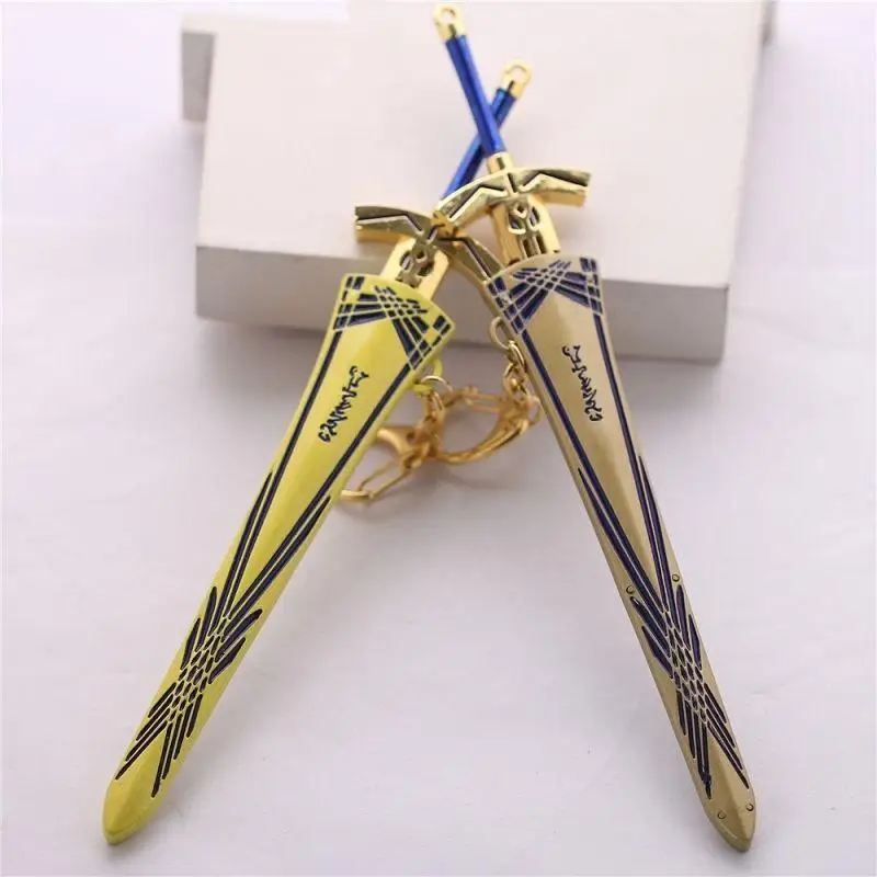 Fantasy Medieval Sword Zinc Alloy Model Keychain With Display Stand Unsharpened Blade Decorative Ornament Anime Game Weapon