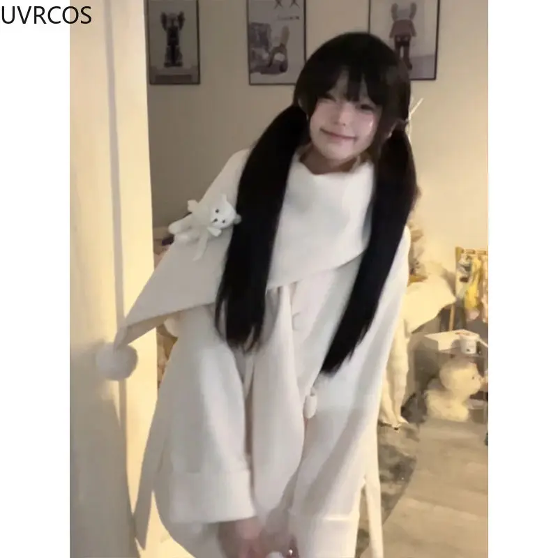 Autumn Winter Japanese Preppy Style Woolen Coat Women Kawaii Bow Cartoon Bear Scarf Loose Long Jackets Sweet Y2k Lolita Outwear