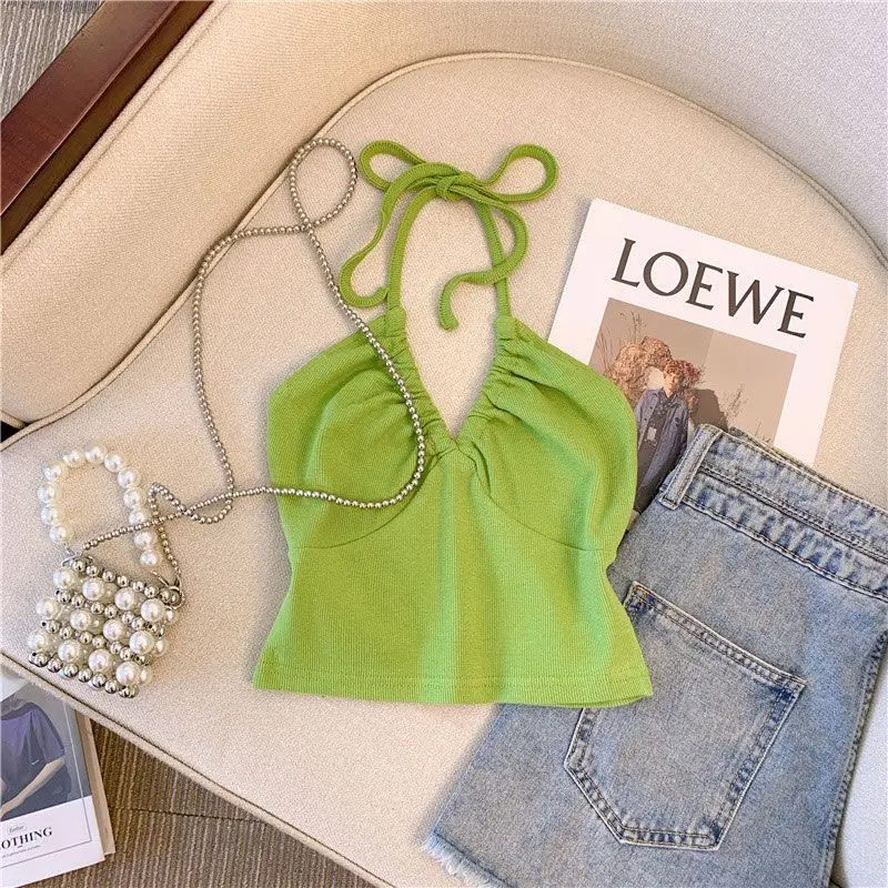 

2025 Summer New Girl's Neck Hanging Small Strap Outerwear Short Bottom Top with Bareback Strap