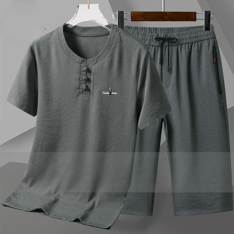 Men's Spring Summer Suit Short Sleeve Shorts Seven Pants Ice Silk Breathable Pure Color Simple Comfortable Versatile Slimming