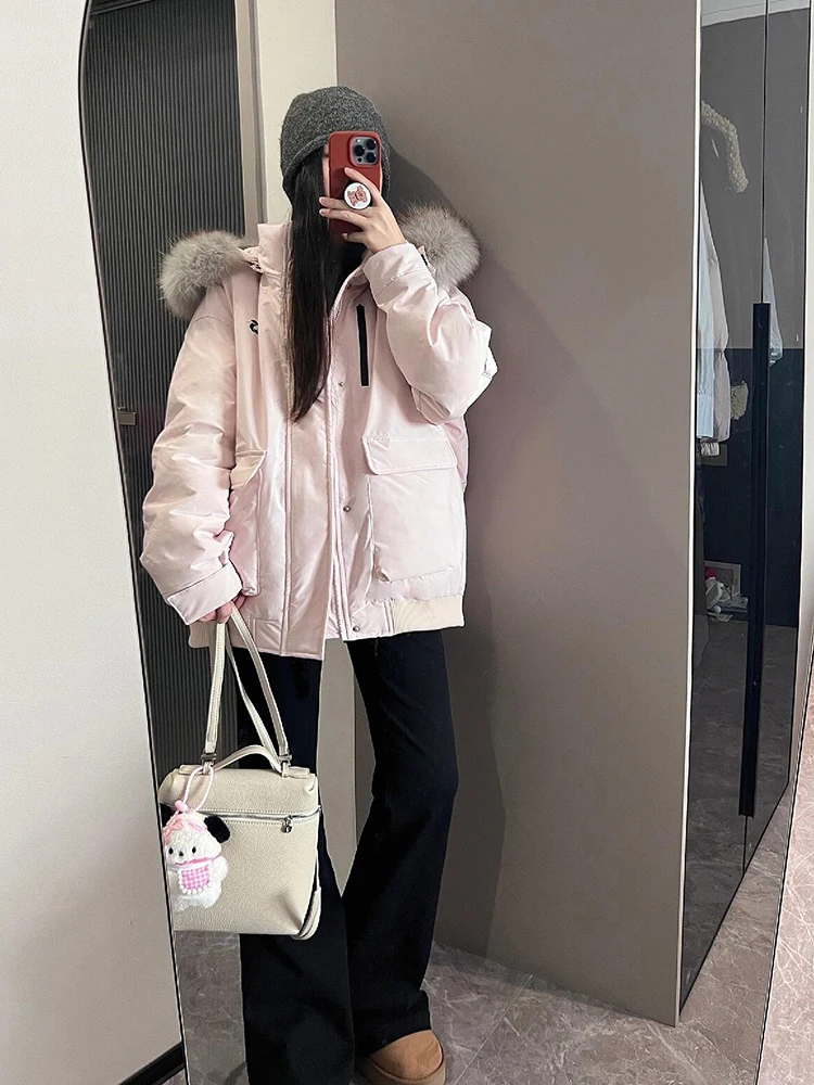 

Pink Fur Collar Cotton Jacket Women's Thickened Loose Workwear Parka Coat Korean Style Long Sleeve Zipper Closure Winter Oute...