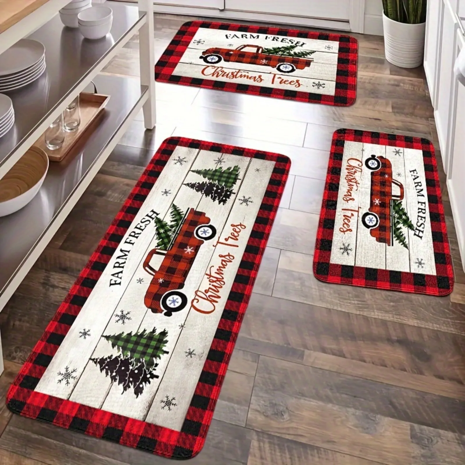 VIKAMA Farmhouse Christmas Kitchen Rug Set Non Slip Washable Red Plaid Pickup Truck Tree Snowflake Mat Holiday Decor