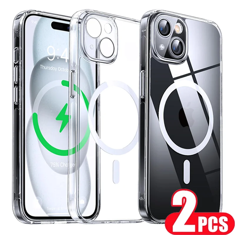 2Pcs Clear Magnetic Phone Case for IPhone 14 11 12 13 15 Pro Max 13 Mini 14 15 Plus Magsafe Wireless Charge Shockproof Cover