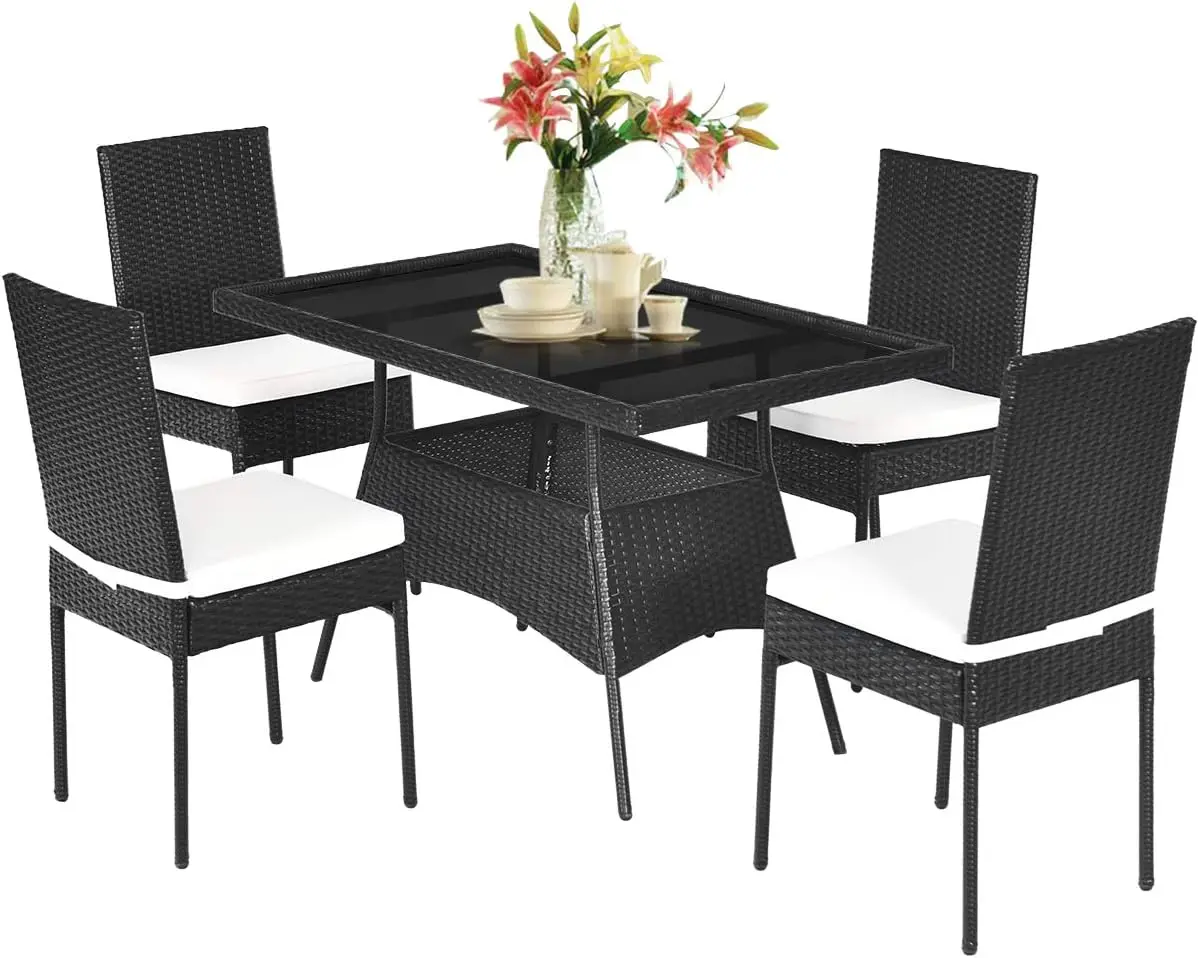 5 Piece Wicker Patio Dining Set, Outdoor Rattan Table & Chairs Set with Tempered Glass Top & Padded Cushions, Patio Furniture Di