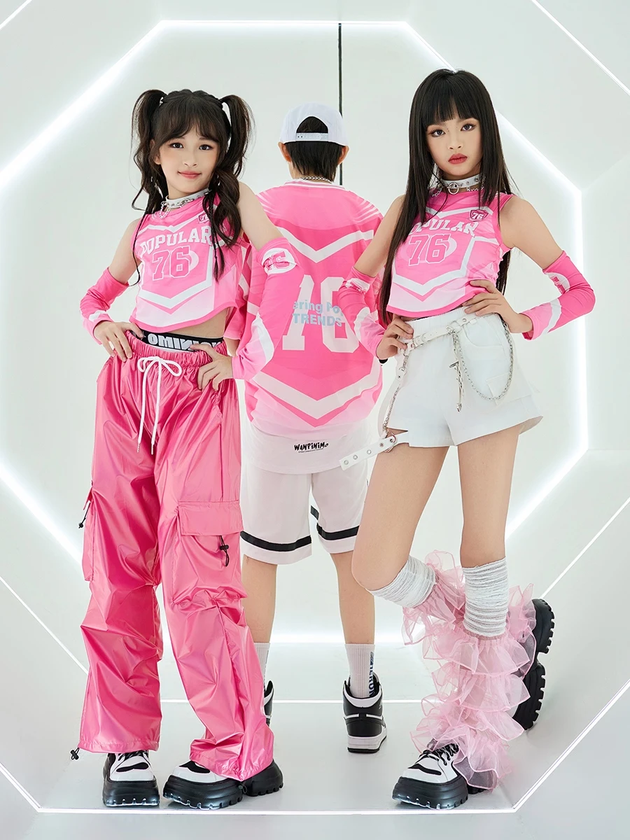 2024 Hip Hop Street Dance Clothing For Girls Pink Loose Outfits Cheerleading Jazz Dance Performance Stage Costumes Boys DQS16363