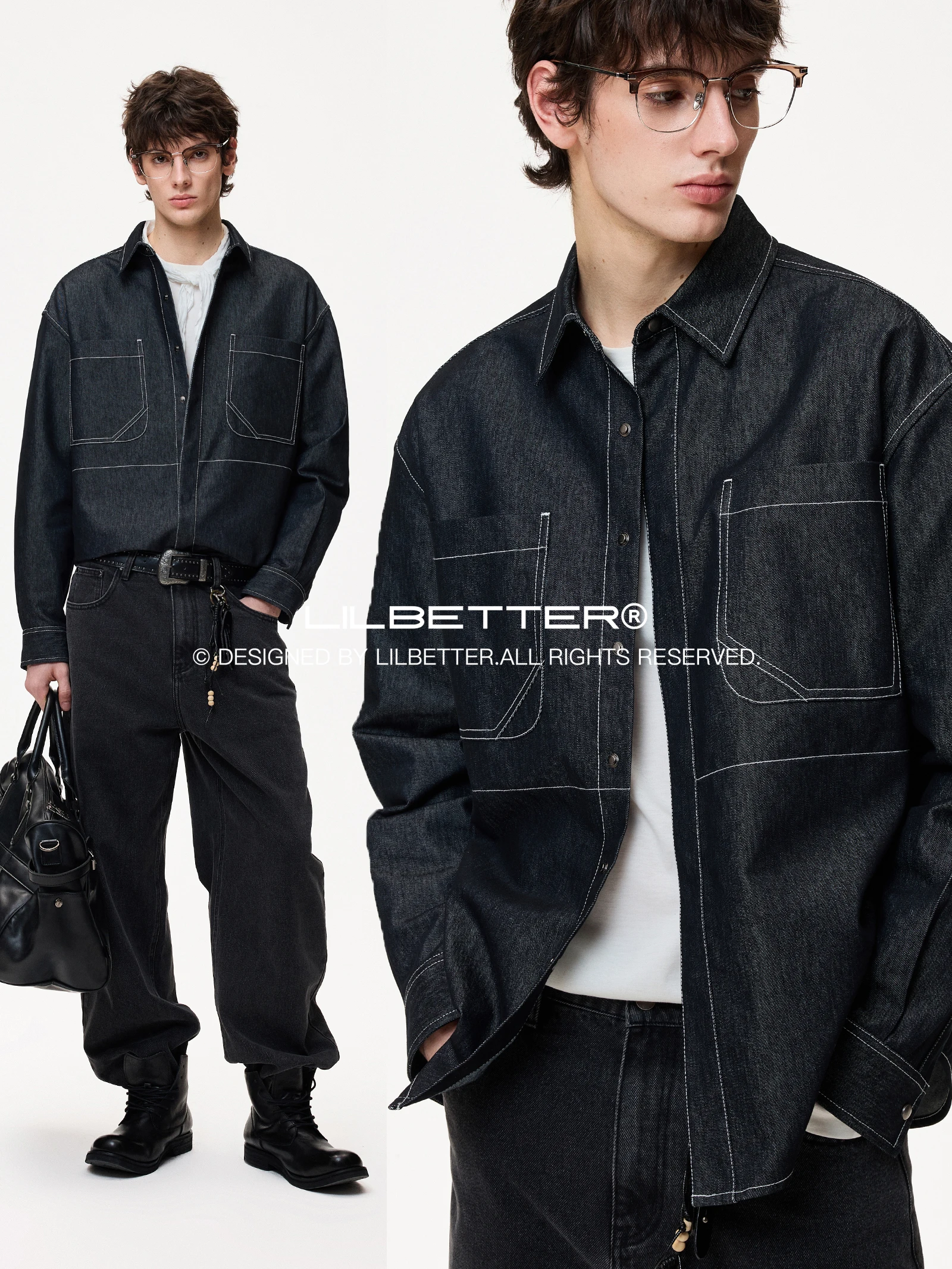 Lilbetter Men's Loose Fit Long Sleeve Shirt Casual Fashion Urban Style Cotton Polyester Blend Denim Look Shirt with Pocket