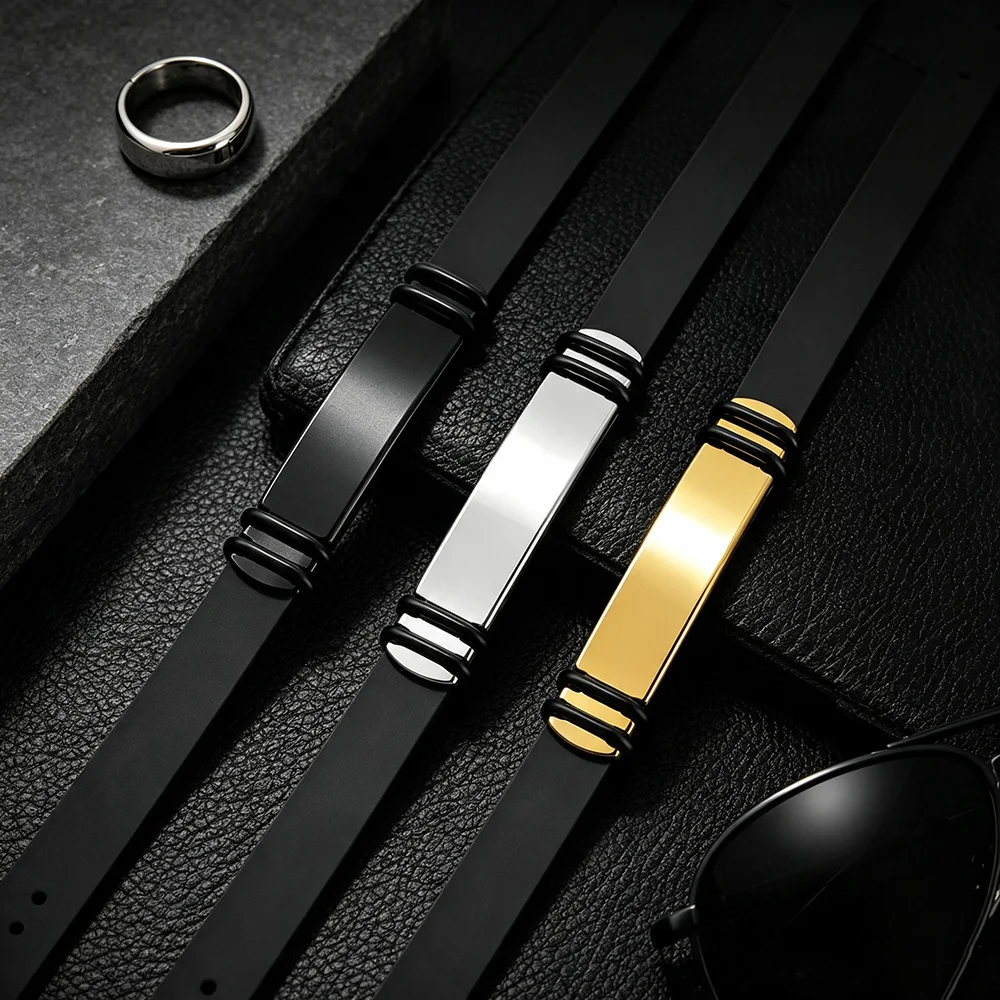 Europäische Hip-Hop-Rock-Mode Einfache Herren-Punk-Armbänder Edelstahl Silikon Schwarzes Armband Männerarmband Geschenke KAH430 – Detail 2
