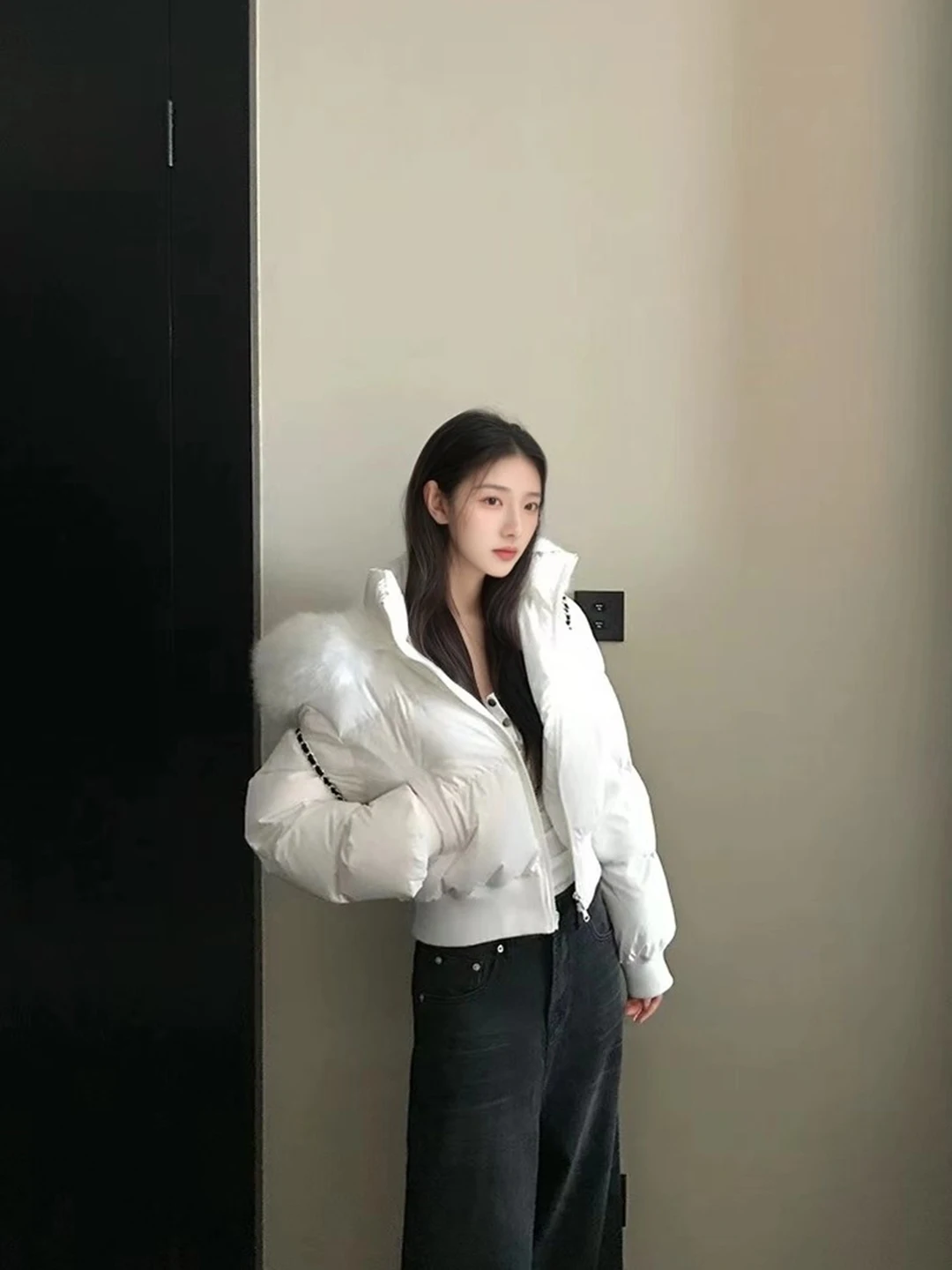 韓国風ゆったり通勤ファッション中国製2025冬レディースコートフード付きファーカラー