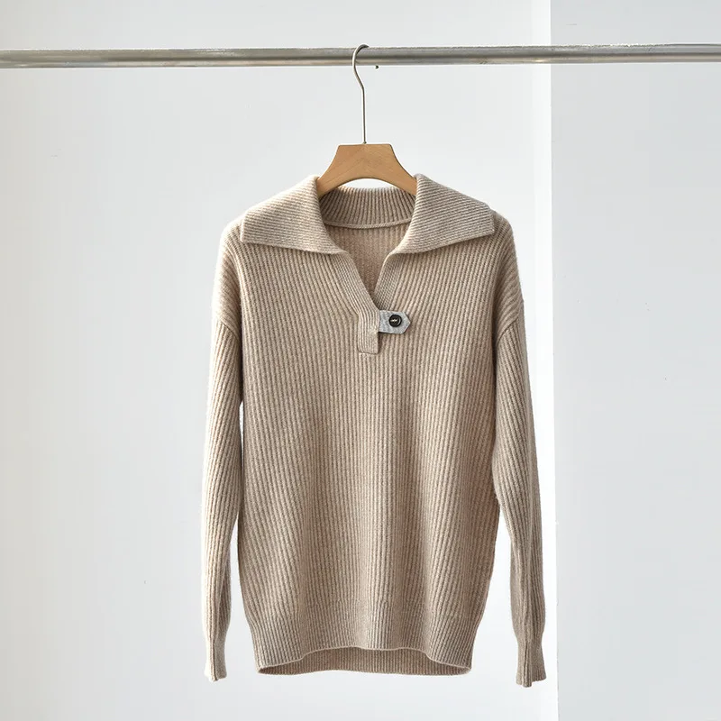 

Women's Cashmere Sweater, Polo V Collar, Bead Chain Pit Strip Knitting Top, Female Autumn and Winter Pullover, New
