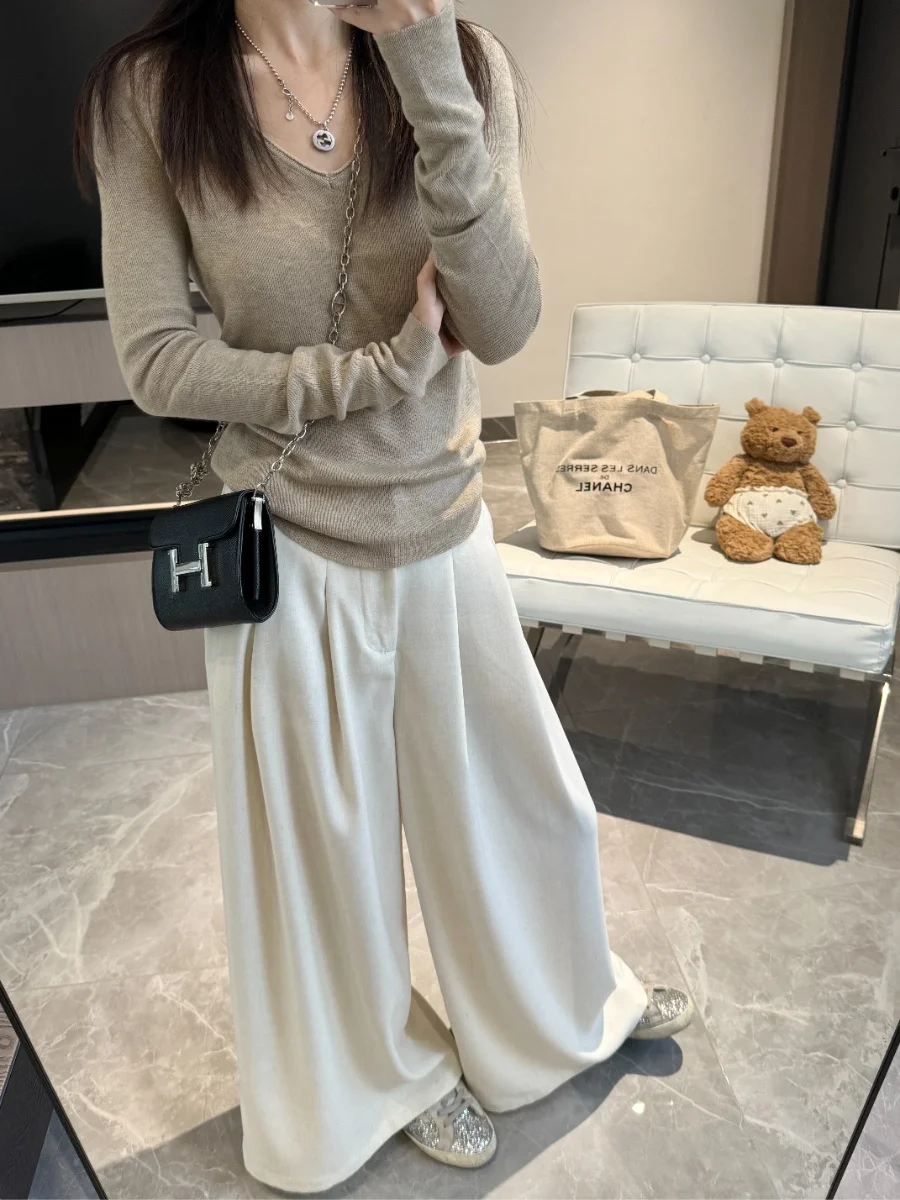 

Slimming Effect V-Ne Knitted Long Sve Wool Blend Basic Top Bubble Bling Wear-Resistant Comfortable Cotton Acrylic Wool B...