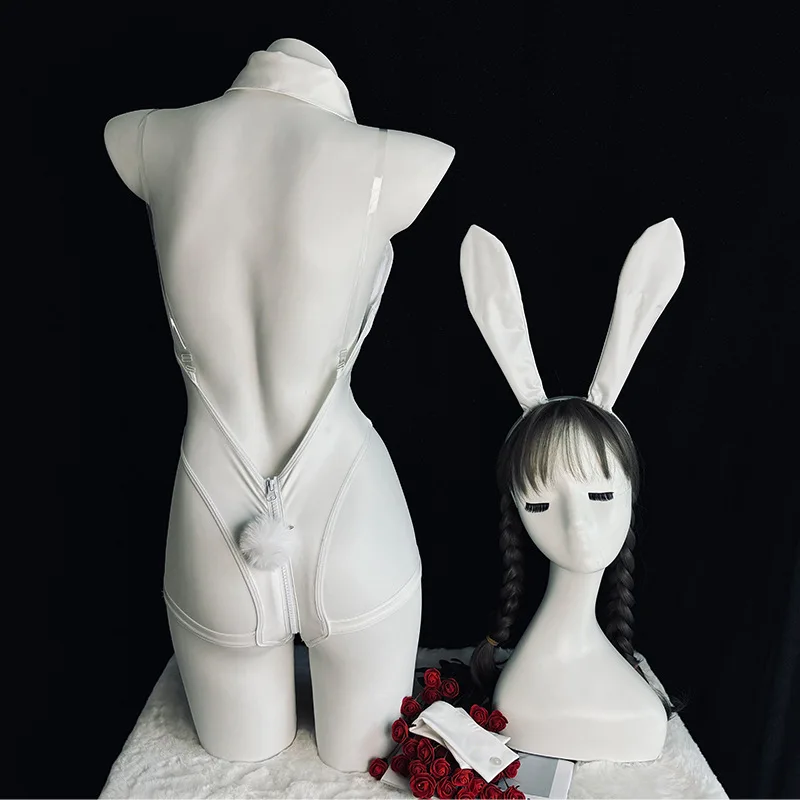 Sexy White Bunny Girl Cosplay Bodysuit With Long Ear Headband Women Game Costume Set Anime Machine Rabbit Uniform