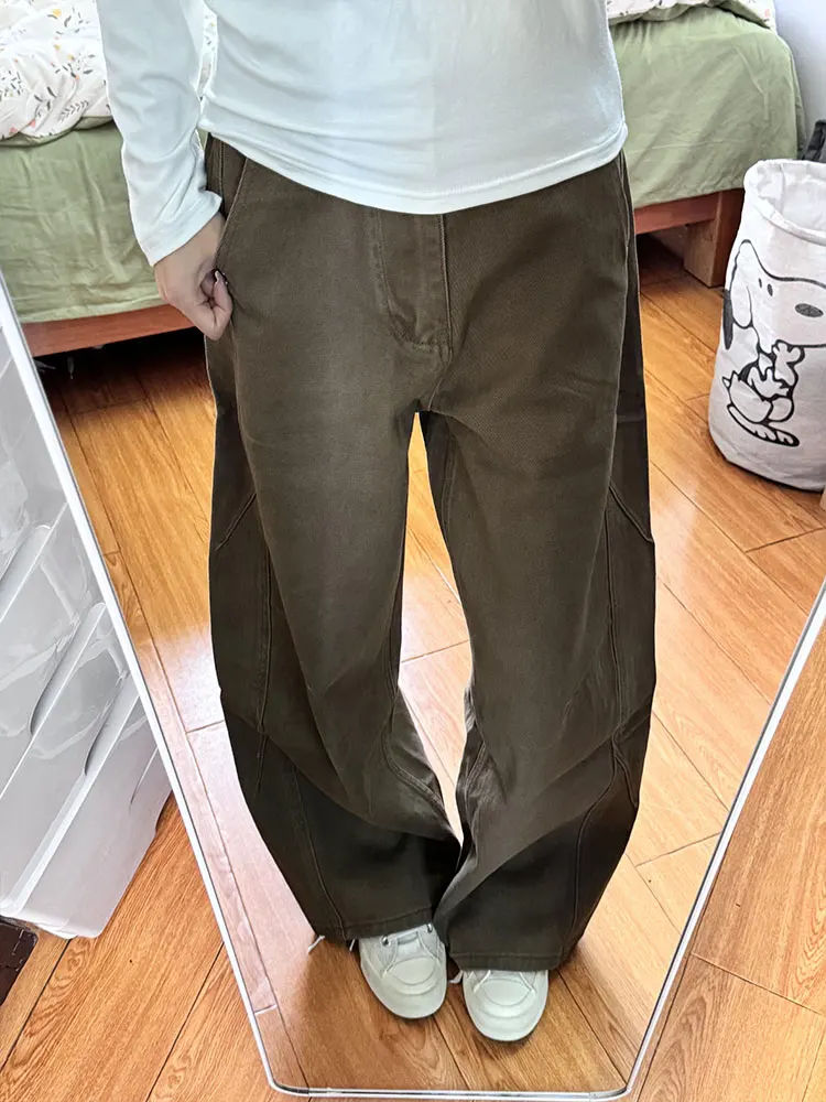 

Retro Brown Distressed Jeans Loose Straight Leg for Men And Women Slimming Wide Leg Pants High Waist Denim Casual Autumn Wear