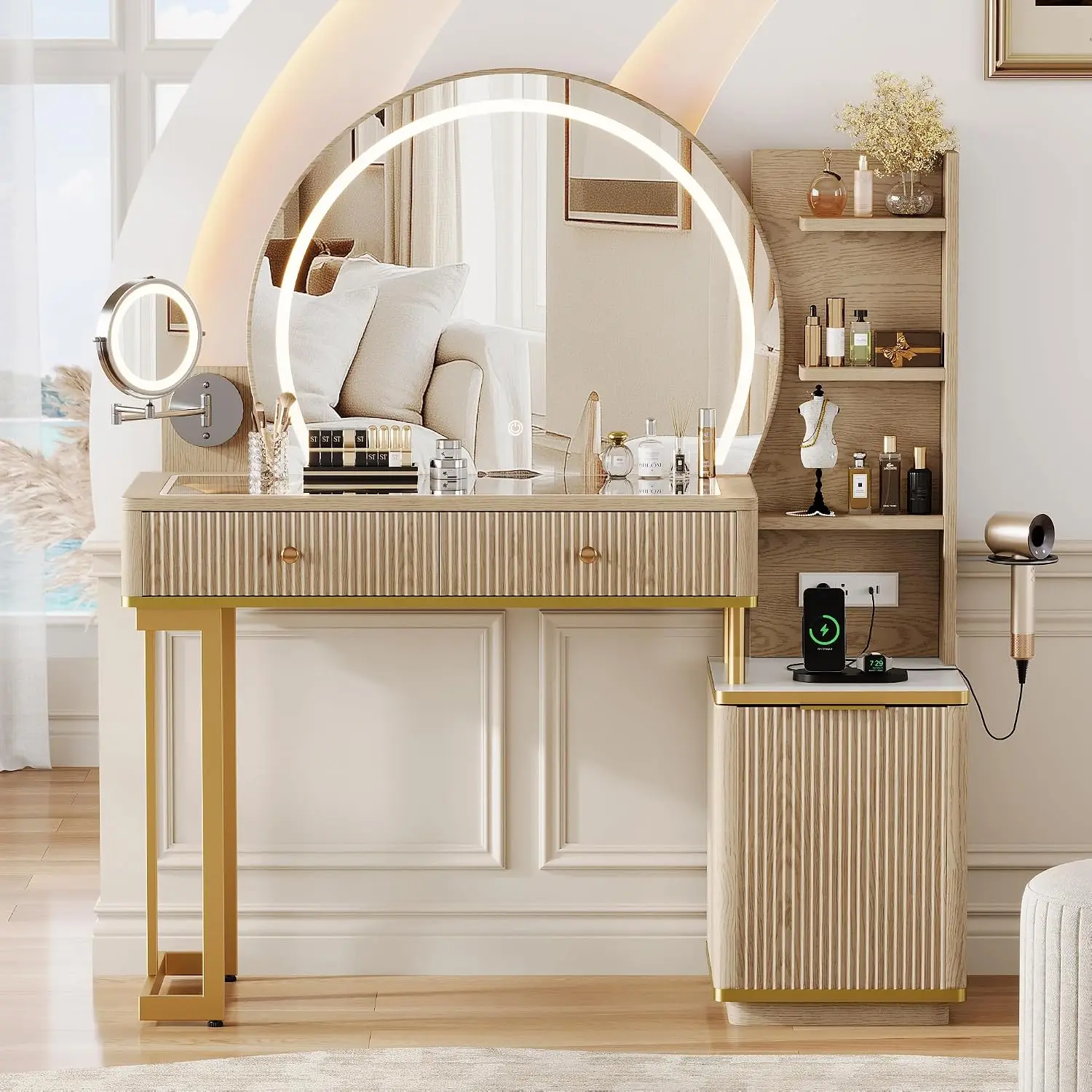 Makeup Vanity Desk with Round Mirror and Lights, Glass Top Vanity Table w/5x Magnifying Makeup Mirror, Dressing, Customized