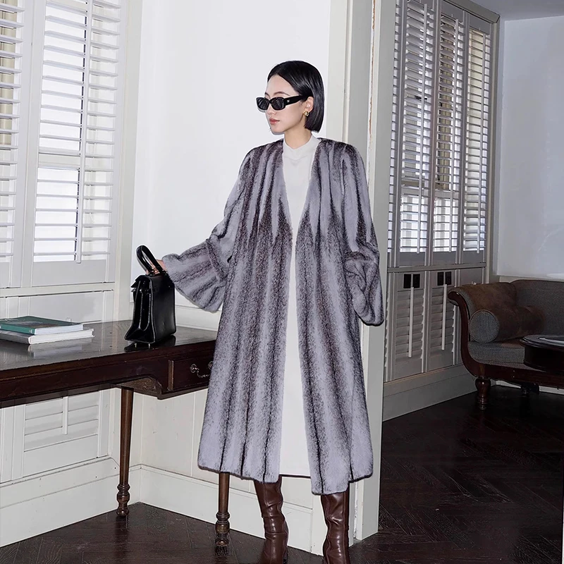 Ftangaiur Winter Coat For Women Import Cross Velvet Mink Fur Coat Women's Flare Sleeve X-Long Simplicity Real Mink Fur Coats