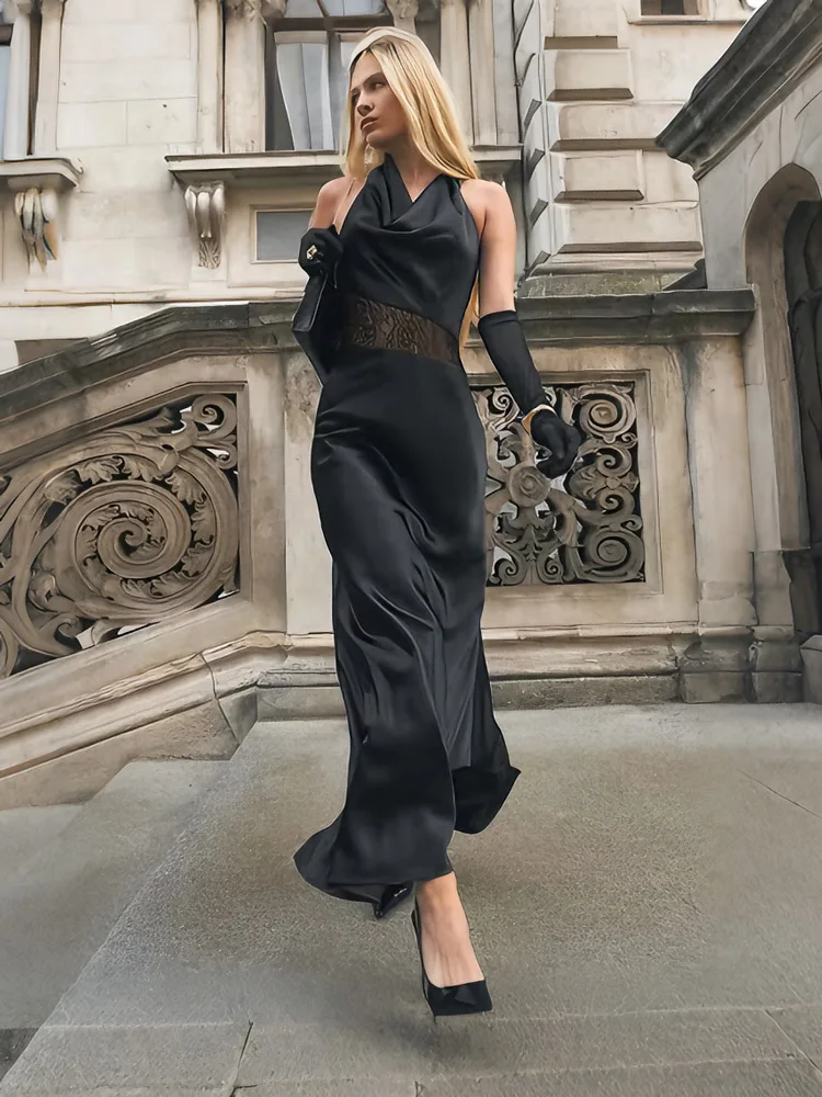 

Tossy Black Lace See-Through Long Dress Women's V-Neck High Waist Slim Backless Satin Elegant Dress Female Commute Party Dress