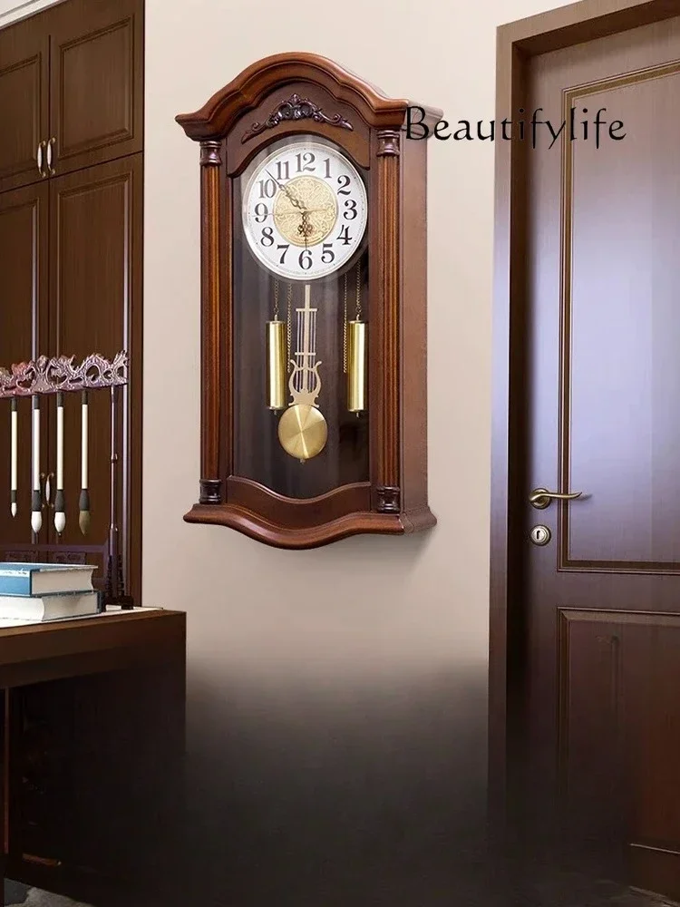 Io ANew Chinese Classical Time Reporting Wood Wall Clock European Style Living Room High-End Atmosphere Wall Hanging Quartz Cloc