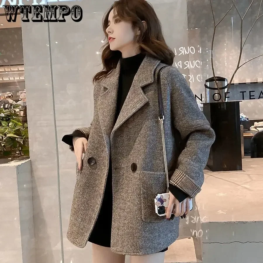 Woolen Suit Coat Women's Korean British Style Loose and Thin Coat Autumn and Winter Casual Single Button Tweed Trench Blazer Top