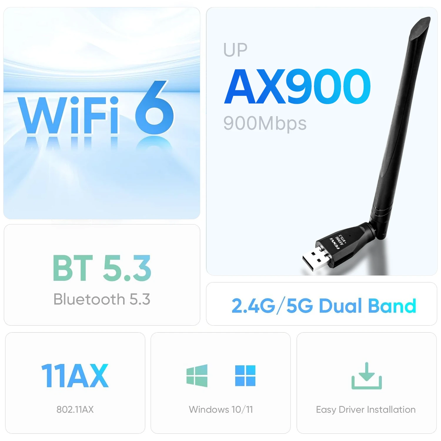 FENVI WiFi 6 AX900 USB BT5.3 Dual band 2 In 1 Wireless Adapter Dongle Network Card Antenna Receiver Free Driver For PC Win10 11