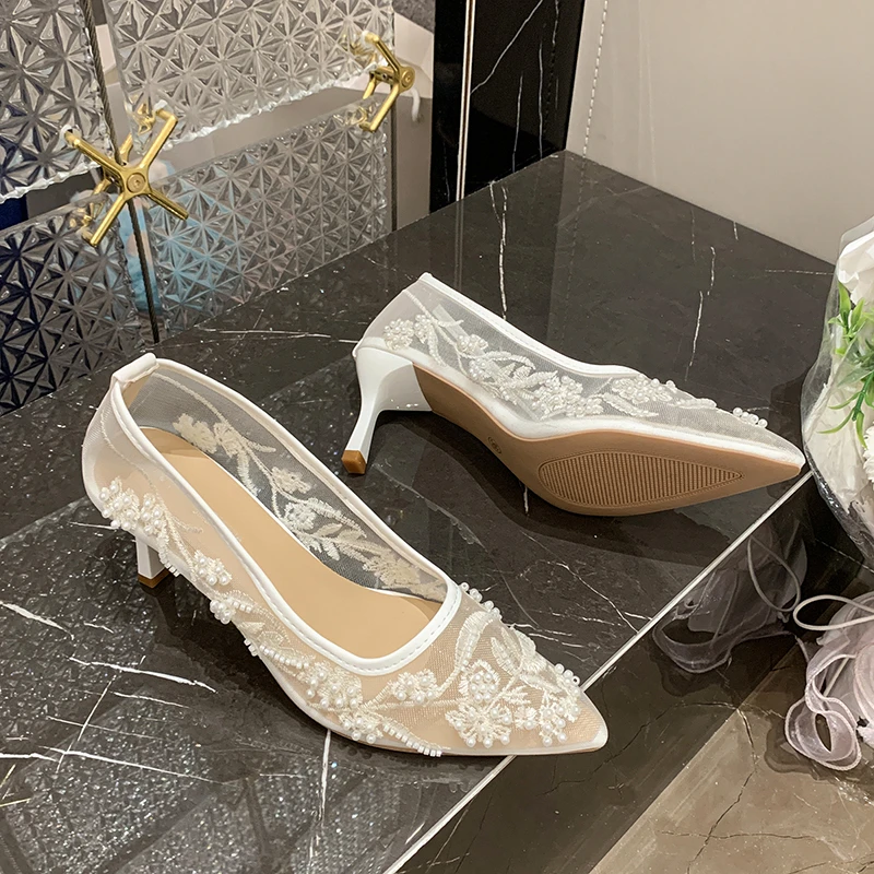 String Bead Mesh Embroider High Heels Women Sexy Pointed Toe Heeled Sandals Summer Elegant Luxury Designer Wedding Pumps Shoes view 2